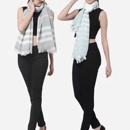 Arrabi Women Pack Of 2 Blue & Grey Striped Stole-image-62