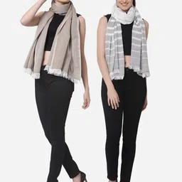 Arrabi Women Pack of 2 Grey & White Cotton Stole-8