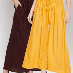 Clora Creation Women Coffee Brown & Yellow Flared Palazzos Set Of 2-image-20