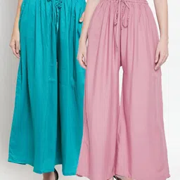 Clora Creation Pack-2 Women Pink & Turquoise Blue Flared Knitted Palazzos-image-39
