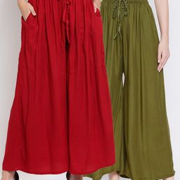 Clora Creation Women Pack Of 2 Green & Red Flared Knitted Palazzos-image-93