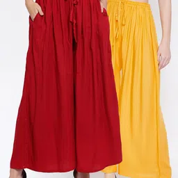 Clora Creation Set Of 2 Women Red & Yellow Flared Knitted Palazzos-19