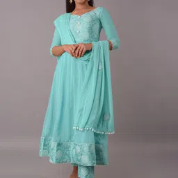 Utsav Fashion Block Printed Art Silk Round Neck Anarkali Suit-image-18