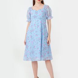 Zink London Floral Printed Notched Neck Short Puff Sleeves Fit And Flare Dress-image-46
