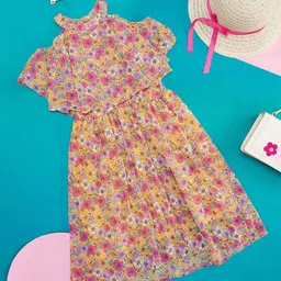 Pantaloons Junior Girls Floral Printed Cold Shoulder Sleeves Georgette Fit & Flare Dress-image-63