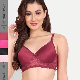 FIMS Pack of 4 Rapid-Dry Lace Lightly Padded Bra Fancy_Pad_Bra_BlackPinkRaniMaroon-image-52