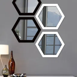 Art Street Set of 4 Black & White Decorative Hexagon Shape Wall Mirror for Living Room-50