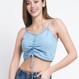 IX IMPRESSION Blue Pure Cotton Ruched Denim Crop Top-image-3