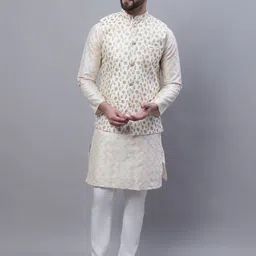 SOJANYA Floral Embroidered Thread Work Kurta With Churidar With Nehru Jacket-picture-31