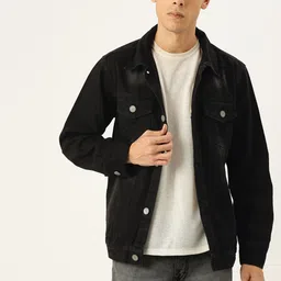 Campus Sutra Men Black Solid Bio-Wash Denim Jacket-image-65