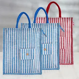 Kuber Industries Pack of 3 Striped Jute Shopper Tote Bags-33