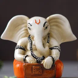 eCraftIndia White & Orange Lord Ganesha Idol Playing Harmonium Polyresin Showpieces-image-31