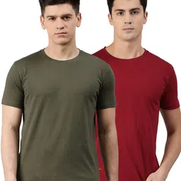 UNSULLY Men Olive Green & Maroon Pack of 2 Cotton Training or Gym T-shirt-image-125