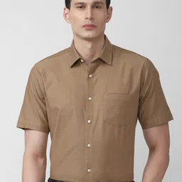 Van Heusen Men Brown Solid Cotton Short Sleeve Formal Shirt-image-35