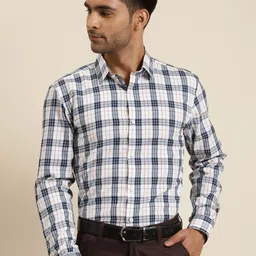 SOJANYA Men White & Navy Blue Checked Regular Fit Cotton Formal Shirt-image-51