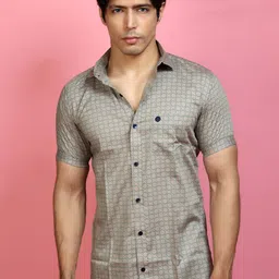 INDIAN THREADS Brown India Slim Geometric Printed Cotton Casual Shirt-image-52