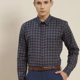 Hancock Men Navy Blue & Green Slim Fit Tartan Checked Cotton Formal Shirt-image-14