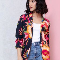 Rhe-Ana Floral Printed Lapel Collar Open Front Jacket-9
