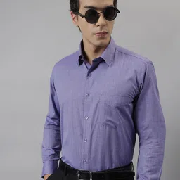 English Navy Standard Slim Fit Chambray Weave Cotton Formal Shirt-image-96