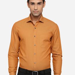 Greenfibre Men Mustard Yellow Slim Fit Opaque Pure Cotton Formal Shirt-image-99