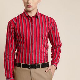 Hancock Men Red Cotton Slim Fit Striped Formal Shirt-image-28