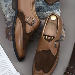 Fashion Victim Men Brown Self-Design Leather Formal Monk Shoes-picture-15