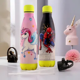 Kuber Industries Pink & Black Set of 2 Stainless Steel Printed Smart Vacuum Water Bottle-97