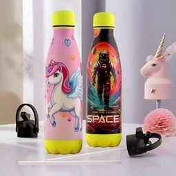 Kuber Industries Pink & Black Set of 2 Stainless Steel Printed Smart Vacuum Water Bottle-42