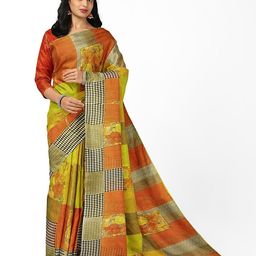 KALINI Yellow & Green Ethnic Motifs Pure Georgette Fusion Dharmavaram Saree-image-57