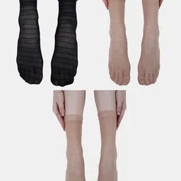 N2S NEXT2SKIN Women Pack Of 3 Sheer Stripe Pattern Without Thumb Ankle Socks-45