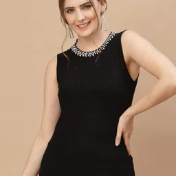 Mafadeny Women Black Ribbed Sweater Vest with Embellished Detail-image-76