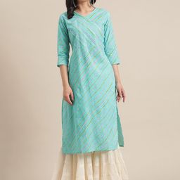 Varanga Women Turquoise Blue & Pink Leheriya Printed Gotta Patti Kurta-image-22