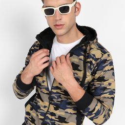 Campus Sutra Navy Blue & Beige Camouflage Windcheater Hooded Cotton Bomber Jacket-image-71