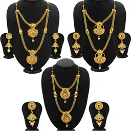 Sukkhi Set Of 3 Gold- Plated Stone Studded Beaded Long Necklace & Earrings Set-55