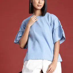 all about you Flared Tiered Sleeves Chambray Top image 1
