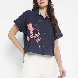 Taurus Floral Printed Shirt Collar Cotton Chambray Shirt Style Top-picture-12
