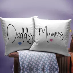 TIED RIBBONS Set Of 2 White Printed Cushion Cover with Filler Mom Dad Gift Hamper-86