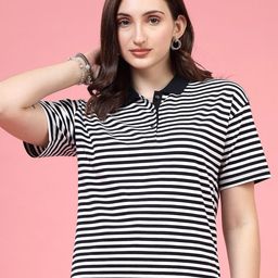 Juelle Women Striped Polo Collar Drop-Shoulder Sleeves Monochrome T-shirt-image-16