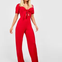 Boohoo Puff Sleeves Tie Front Basic Jumpsuit-picture-53