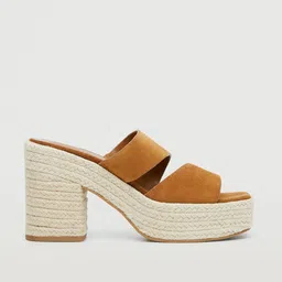 MANGO Camel Brown Solid Suede Finish Leather Platform Espadrille Heels-29