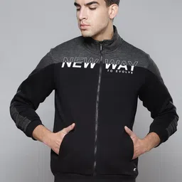 Alcis Men Black Grey Typography Colourblocked Cotton Sporty Jacket-image-30