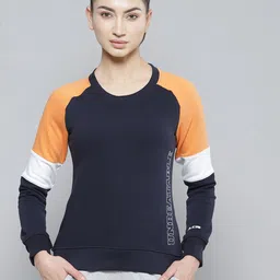 Alcis Women Navy Blue & Orange Colourblocked Cotton Sweatshirt with Side Applique Prints-image-49