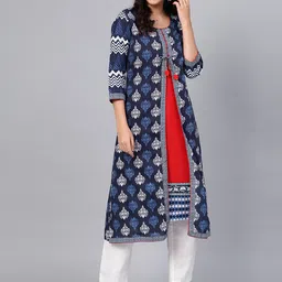 Divena Women Navy Blue & Off-White Printed Layered A-Line Kurta-image-17