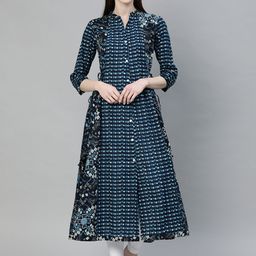 Divena Women Navy Blue & White Printed A-Line Kurta With Tie-Up Detailing-image-60