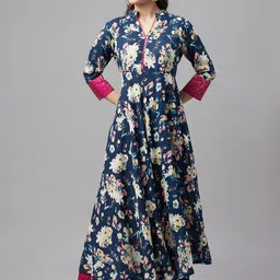 MBE Women Navy Blue & White Floral Printed Anarkali Kurta-image-22