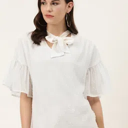 Off Label Women White Dobby Weave Tie-Up Neck Top-image-39