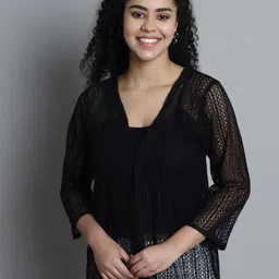 Dressitude Self Design Crop Sheer Open Front Cotton Shrug-18
