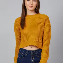 Cayman Women Mustard Yellow Ribbed Crop Pullover Sweater-image-1