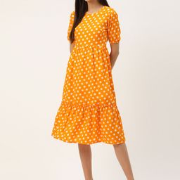 BRINNS Mustard Yellow & White Crepe Printed A-Line Midi Dress-picture-27