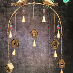 DULI Gold-Toned BirdHouse Design Metal Wall Hanging Windchime with Hanging Bells-11